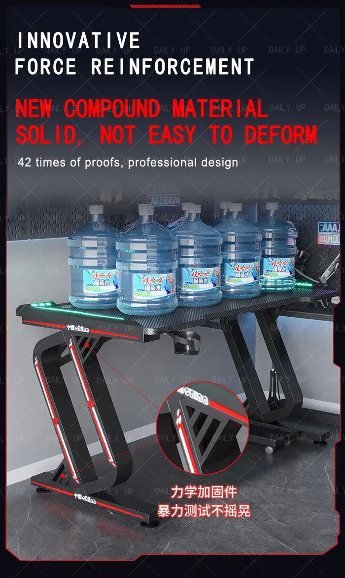 RGB PC Gaming Table With Carbon Fiber Texture Cable Box Steel Frame Professional Gamer Computer Desk For E-Sports Entertainment