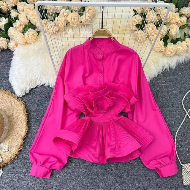 New 2022 Korean Chic Long Sleeve Solid Color Ruffles Decorate Blouse ...