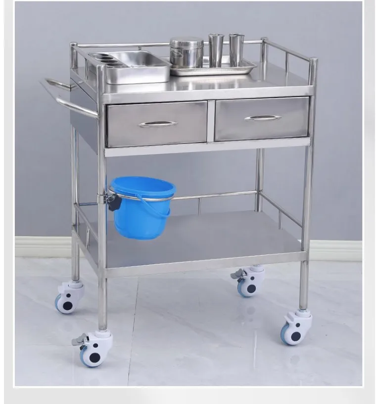 NEWOUYA Medical Products 2 Shelves Stainless Steel Nursing Trolley with Drawer