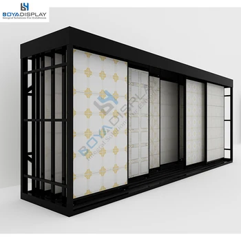 Double lines hanging display stand for ceramic tile and wood floring in building material exhibition show with lights