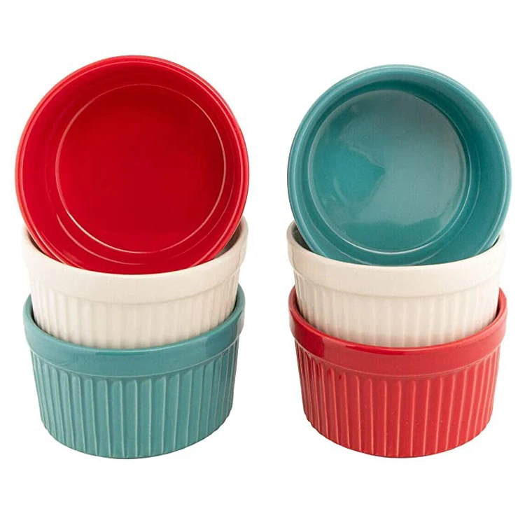 Round Shape Porcelain Embossed Ramekins for Baking 4 Oz Turquoise Ceramic Creme Brulee Souffle Dishes Stoneware Color Glazed