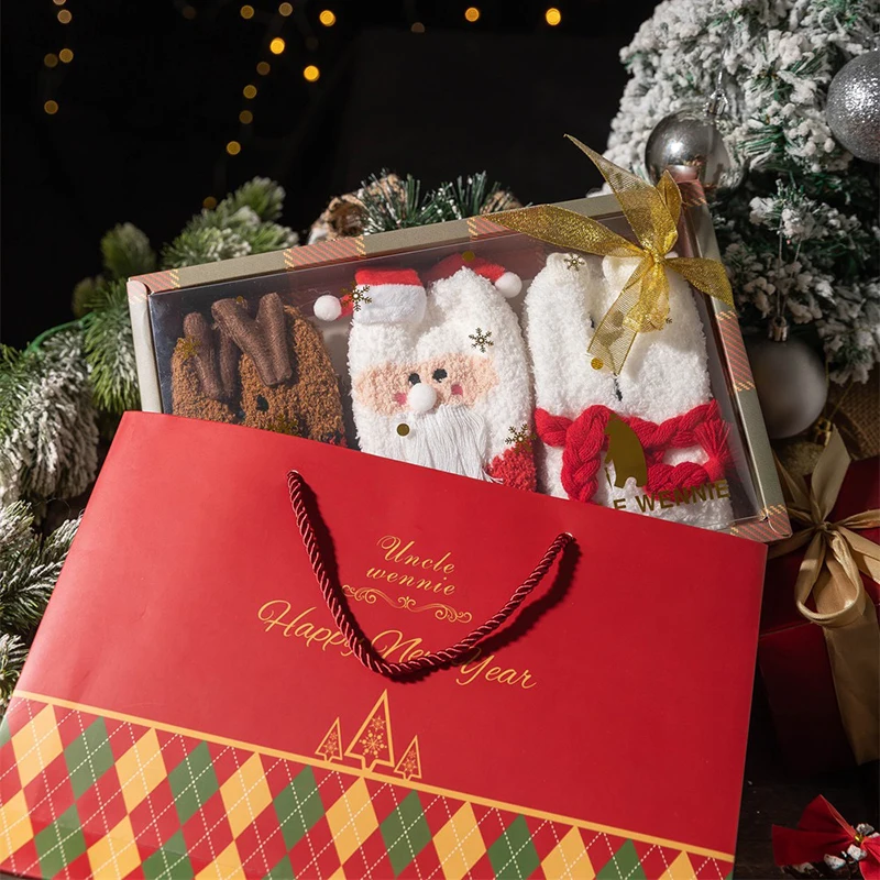 High-end Paper Transparent Window Cover Package Insert Handle Bag Christmas Day Santa Claus Socks Gift Box with Ribbon