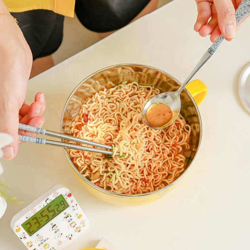 Dewocke Bol Ramen 1000ml Double Couche Avec Couvercle Et Poignée - Bol Nouilles En Acier Inoxydable Beige