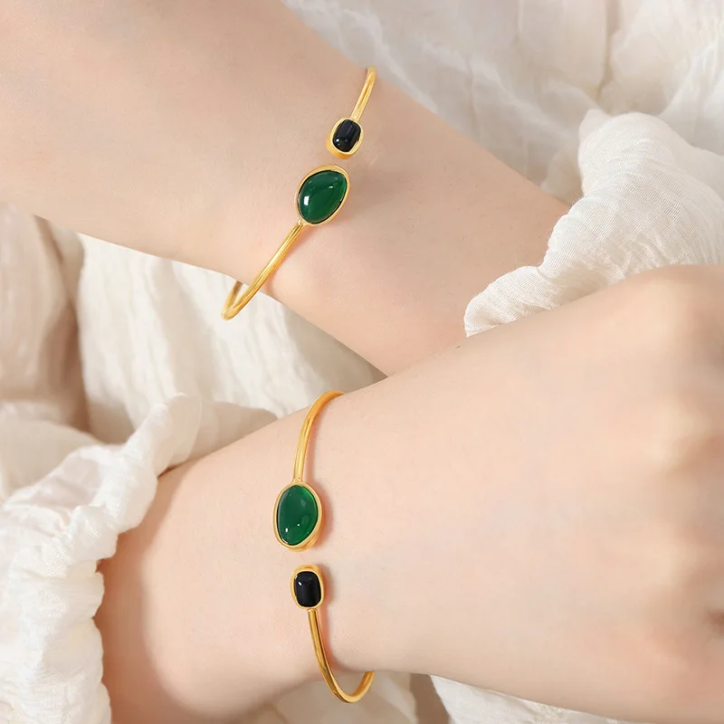 Retro Style 18k Gold Plating Green Black Agate Bracelet Bangle Titanium  Steel Gemstone Opening Bracelet Bangle Cuff