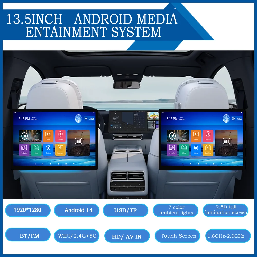 KANOR 13.5 Inch Car Tablet 8 Core HD 1920*1080 IPS Screen USB Android BT Wifi Rear Seat Touch Support Headrest Monitor
