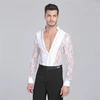 White Mens Sequin Lace Latin Ballroom Dance Shirt
