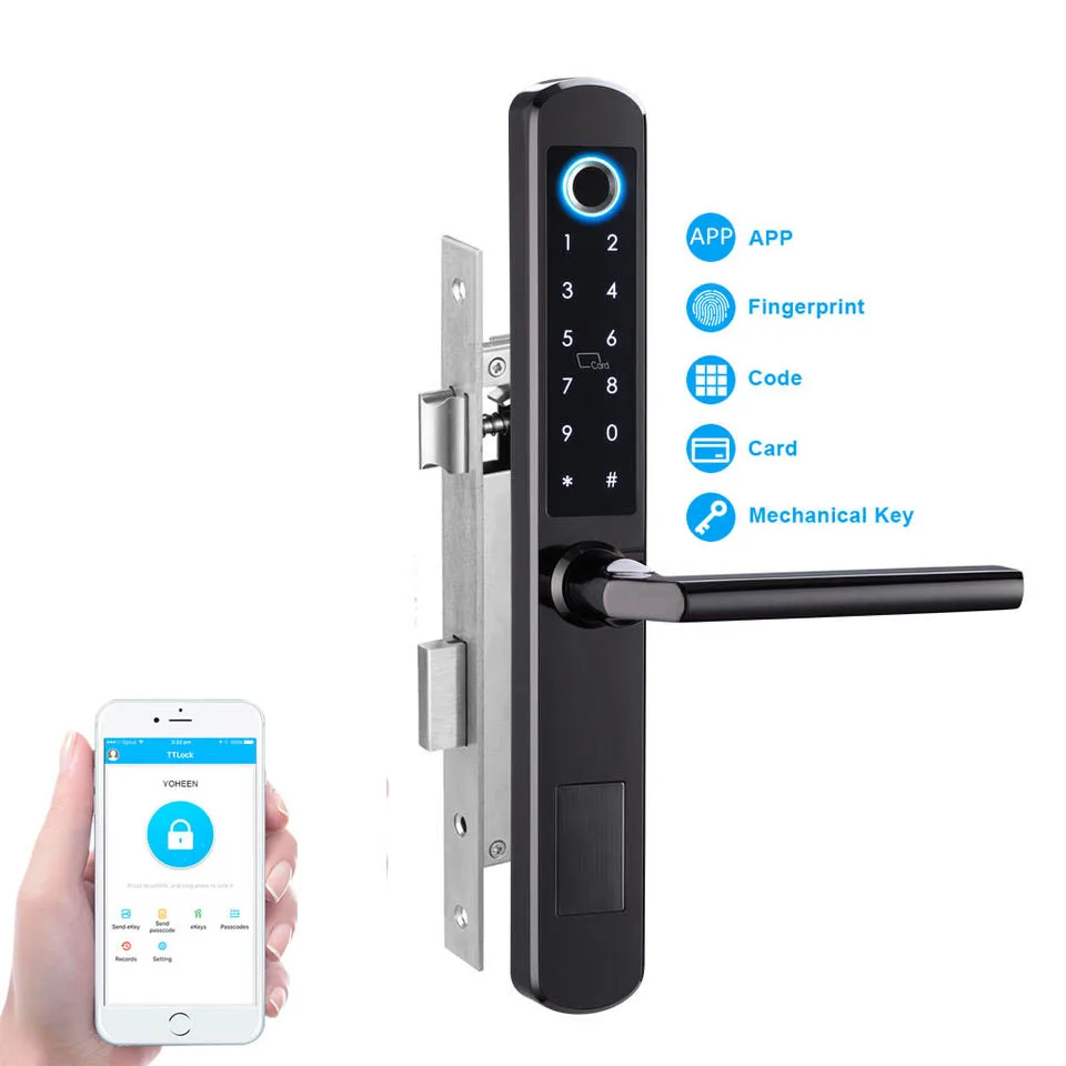 Slim Type Outdoor Fingerprint Door Lock Mortise Smart Biometric Locks With Ttlock APP Ble Wifi European Stainless Steel Cloud