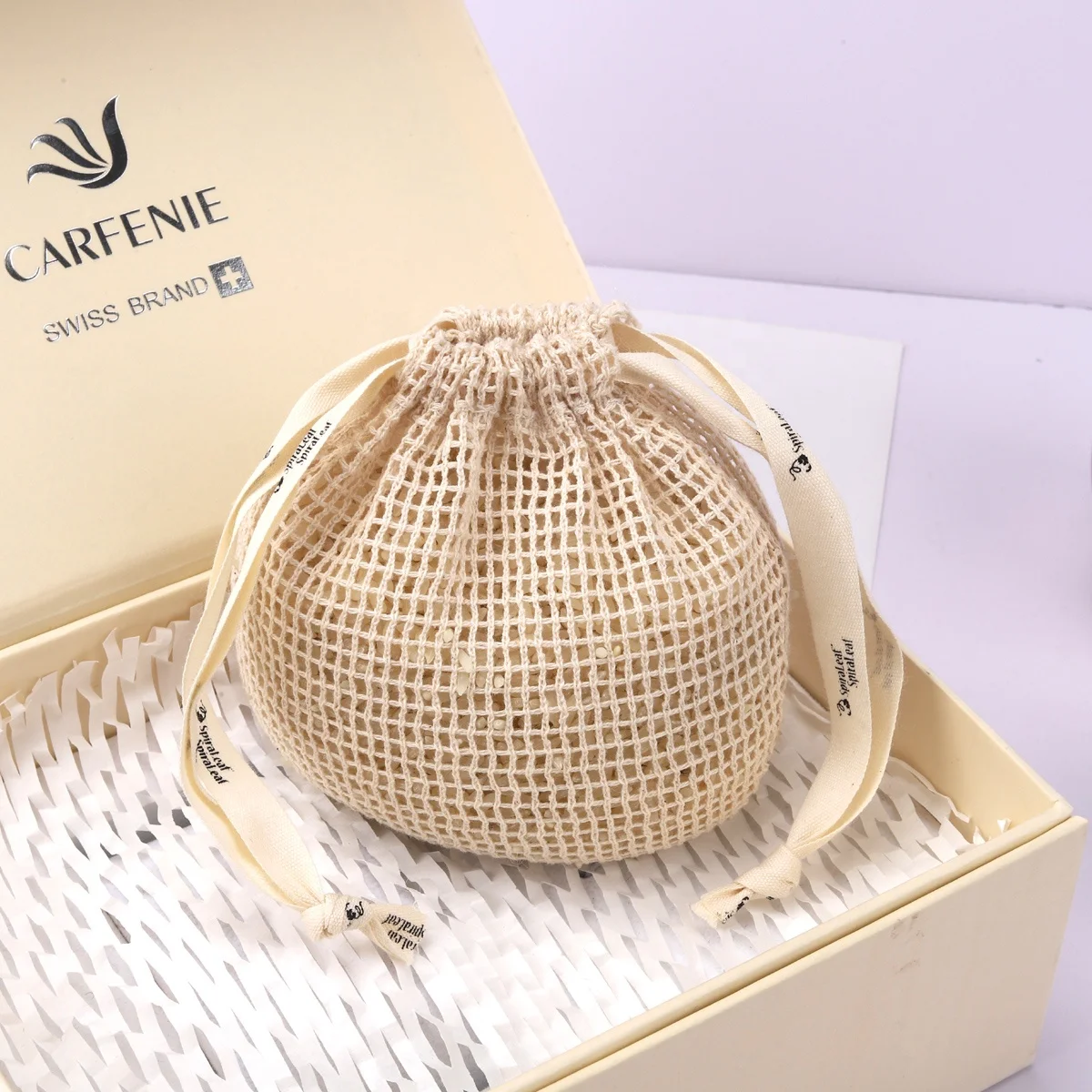 High Quality Cotton Mesh Drawstring Oval Soap Bag Reusable Custom Logo Cosmetic Mesh Pouch
