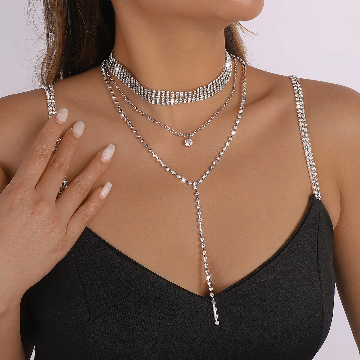 2023 Multi Layer Crystal Diamond Choker Necklace Fashion Full Rhinestone Long Statement Necklace for Women Party Accessories