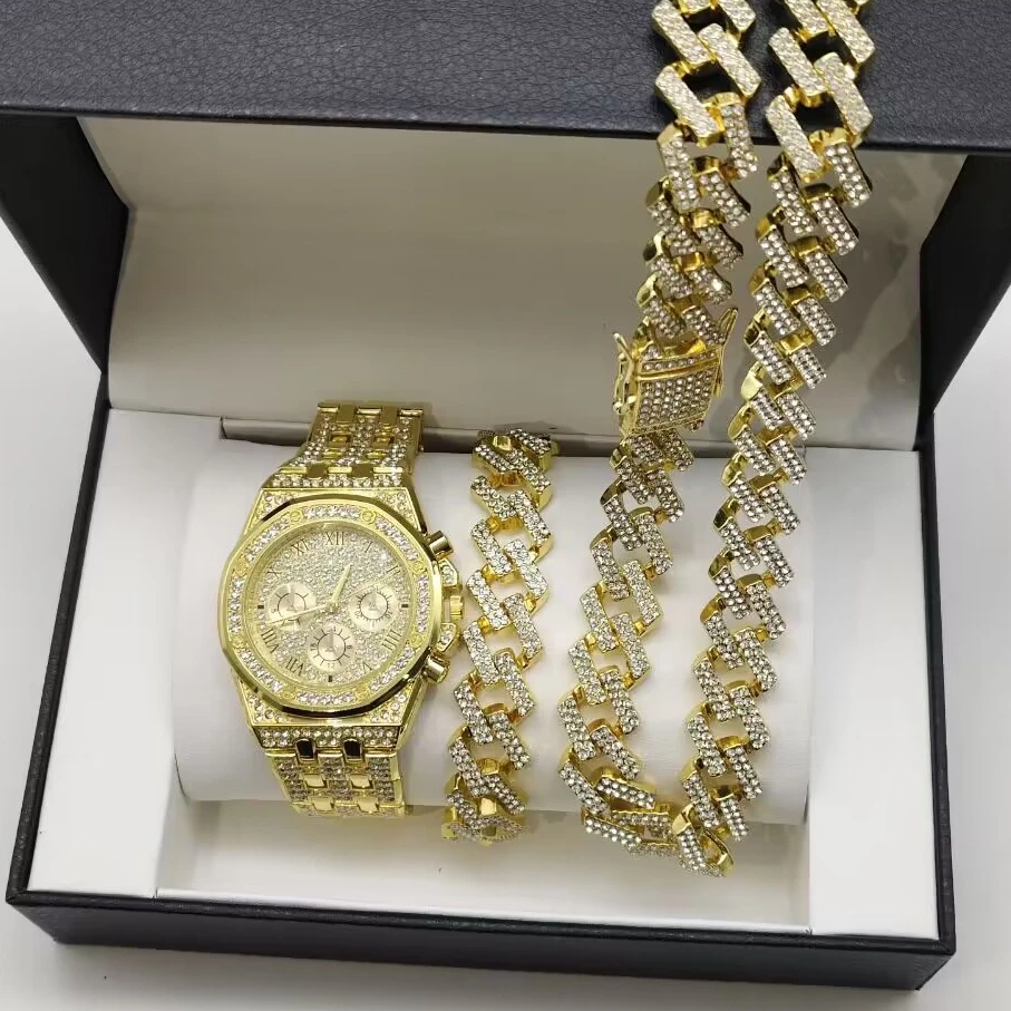 3PC Hip Hop Luxury Watch Necklace Bracelet Set for Men & Women display picture 3