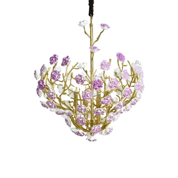 zhongshan purple ceramic porcelain flower semi mount chandelier and porcelain hotel chandelier high ceilings pendant light sale