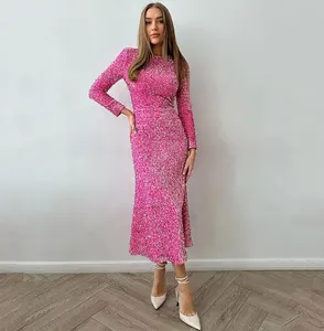 Fashion Sequined Party Slim Midi Dress for Women Autumn Winter Elegant Long Sleeve Sexy Bodycon Evening Dresses