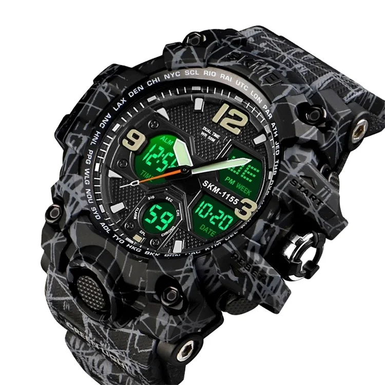 SKMEI 1155 Men's Luxury Sports Watch Dual Time Electronic Stopwatch with  Back Light Alarm and Waterproof Quartz Camo Clock