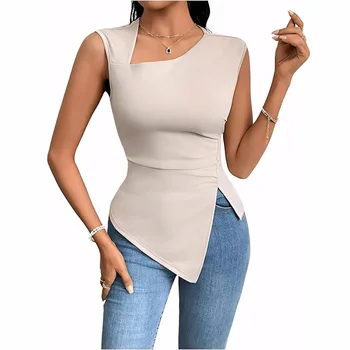 Women Summer Simple and Elegant Solid Color Vest Split Bodycon Sleeveless Shrink Waist Slim Fit T-Shirt