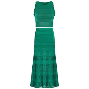 Chic Designer Clothes Green Knit Two Piece Skirt Set Ruffled Sleeveless Crop Top And Textured Maxi Skirt Women's Knitting Set