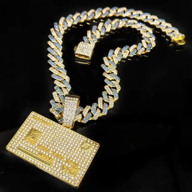 2024 CustomTwo Tone Hip Hop Gold Ice Out Plating Bling Rhinestone Heavy Moissanite Credit Card Cuban Link Chain Pendant Necklace