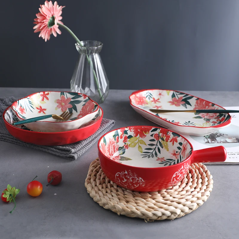 花柄陶磁器プレート 赤い花柄の陶磁器プレートセット卸売ディナーセット食器磁器食器