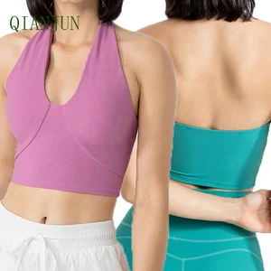 Wholesale Shockproof Fitness Workout Bra for Women Deep V Neckline Sexy Sport Bra Strap Crop Top Yoga Bra With Padded