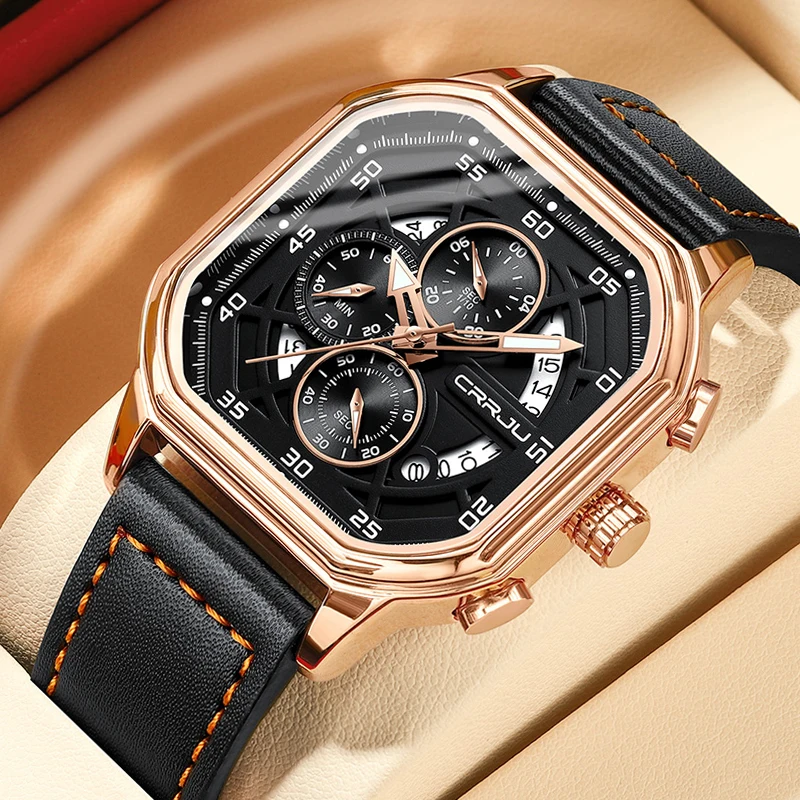 CRRJU Factory 2314  Customized logo Quartz Watch for Men  Chronograph Alloy case  Square Wristwatch Waterproof Watch