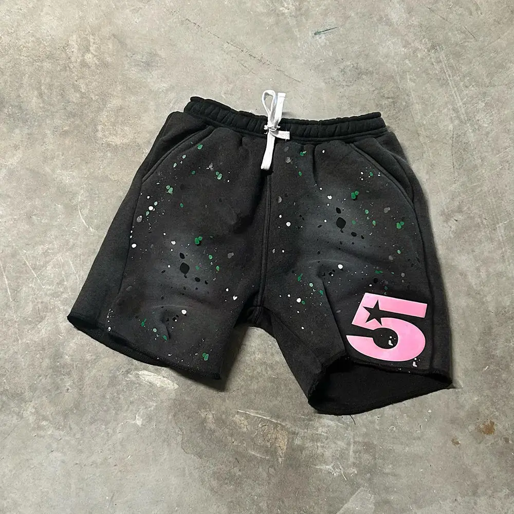 Custom Men Sweat Shorts French Terry Drawstring Heavy Cotton Paint Splatter Fleece Vintage Acid Wash 3D Puff Print Shorts Unisex gallery 8
