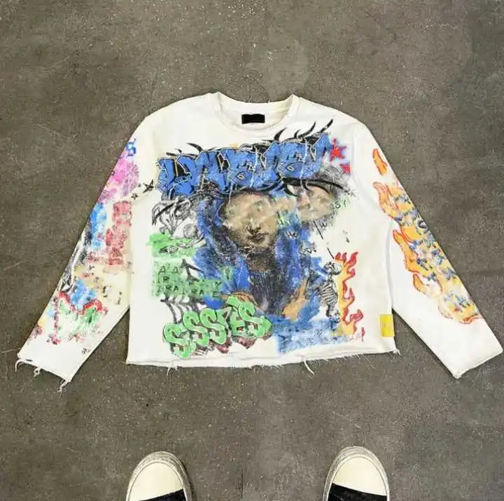 Men's 240gsm Oversized Boxy Fit Graphic Print T-Shirt Long Sleeve Streetwear Digital Solid Cropped Full Neck 'Salati' Collection