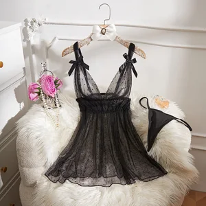 2026 Cross-Border Sexy Dress Black Polka Dot Mesh Lace Patchwork Pure Desire Sheer Thong Strapless Nightgown