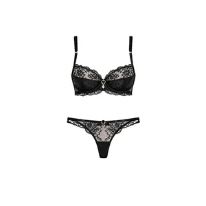 Top Hot Sexy Underwear with Romantic Gold Heart Shaped Charm Intricate Floral Lace Embroidery Women Lingerie for Sexy Panties