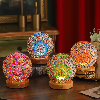 USB Rechargeable Bohemian Blue Mosaic Table Lamp Touch Wireless LED Night Light Wooden Base Glass Shade for Bedroom Decorative