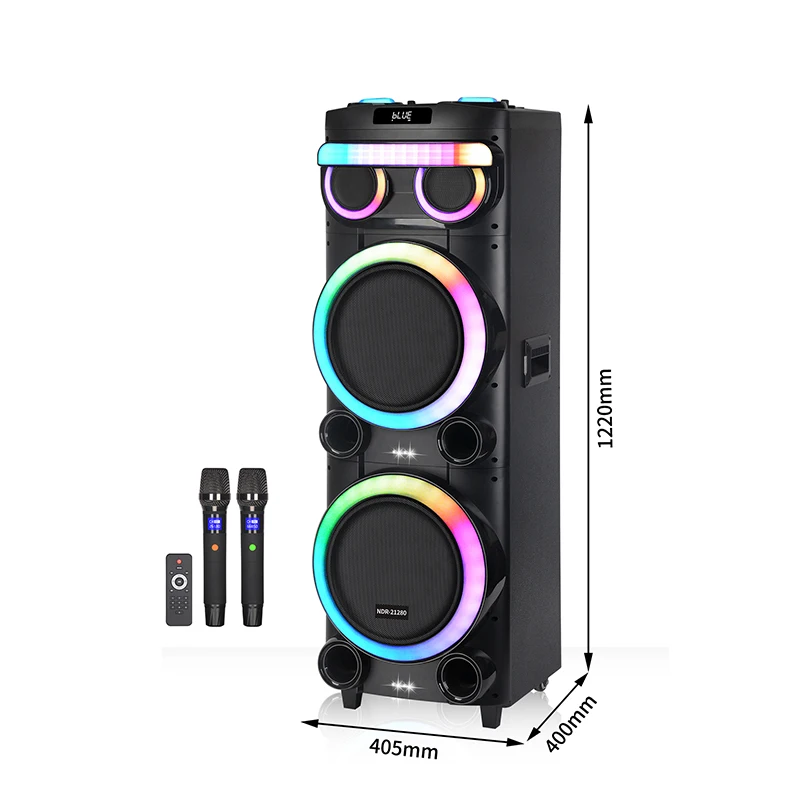 NDR-21280 Powerful Subwoofer Double 12 Inch Stage Karaoke Speaker With  Wireless Mic Woofer Bass Trolley Wooden BT Party Speaker