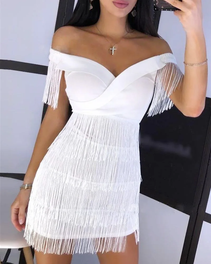Party Wear Women Sleeveless Bodycon Dress Summer Fringe Tassel White Dresses