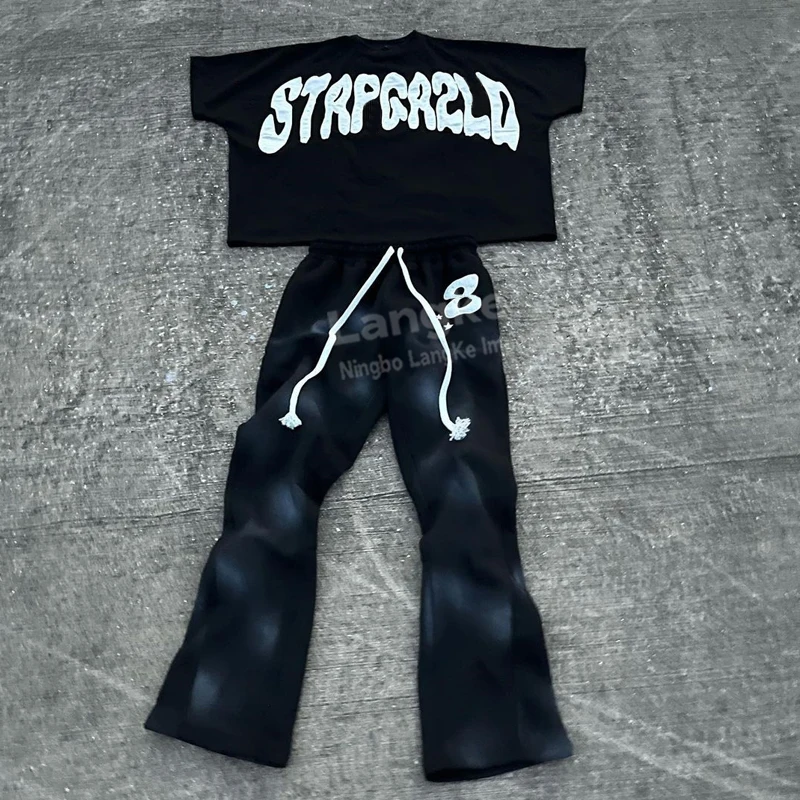 Acid Wash Sweat Suit Jogger Tracksuit Short Sleeve Cropped Boxy Custom Patch 2 Piece T Shirt and Pants Set Men Track Suit