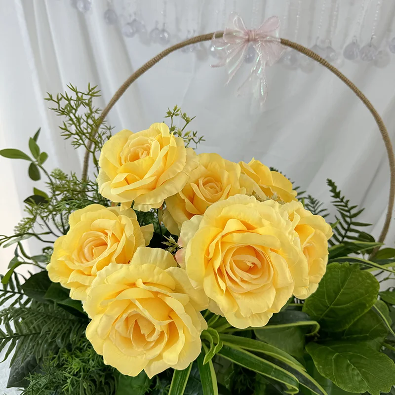 QYY High Quality Silk Artificial Flowers Beautiful Light Yellow Bunch of 7 Coral Roses for Scene Decorations Low Price Wholesale