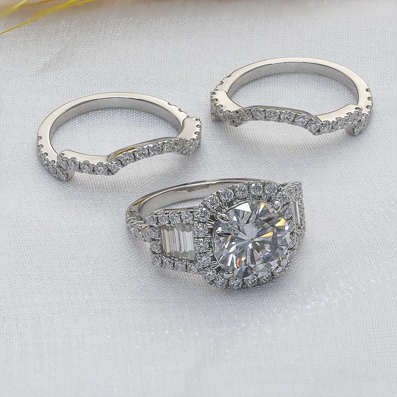 925 Sterling Silver Moissanite Ring Set 10mm 4ct Light Gray Color