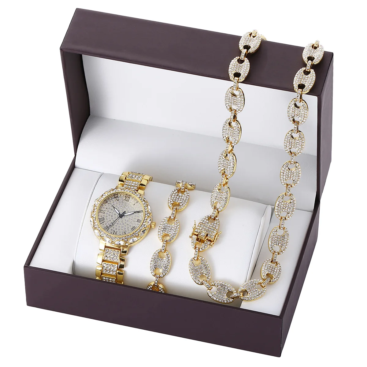 Cuban Chain Watch Set Necklace Watch Bracelet Hip Hop Gold Iced Out Paved Rhinestones CZ Bling Rapper For Men Jewelry