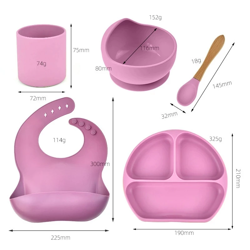 1set/6pcs Silicone Baby Feeding Set With Bib, Bowl, Spoon, Dish