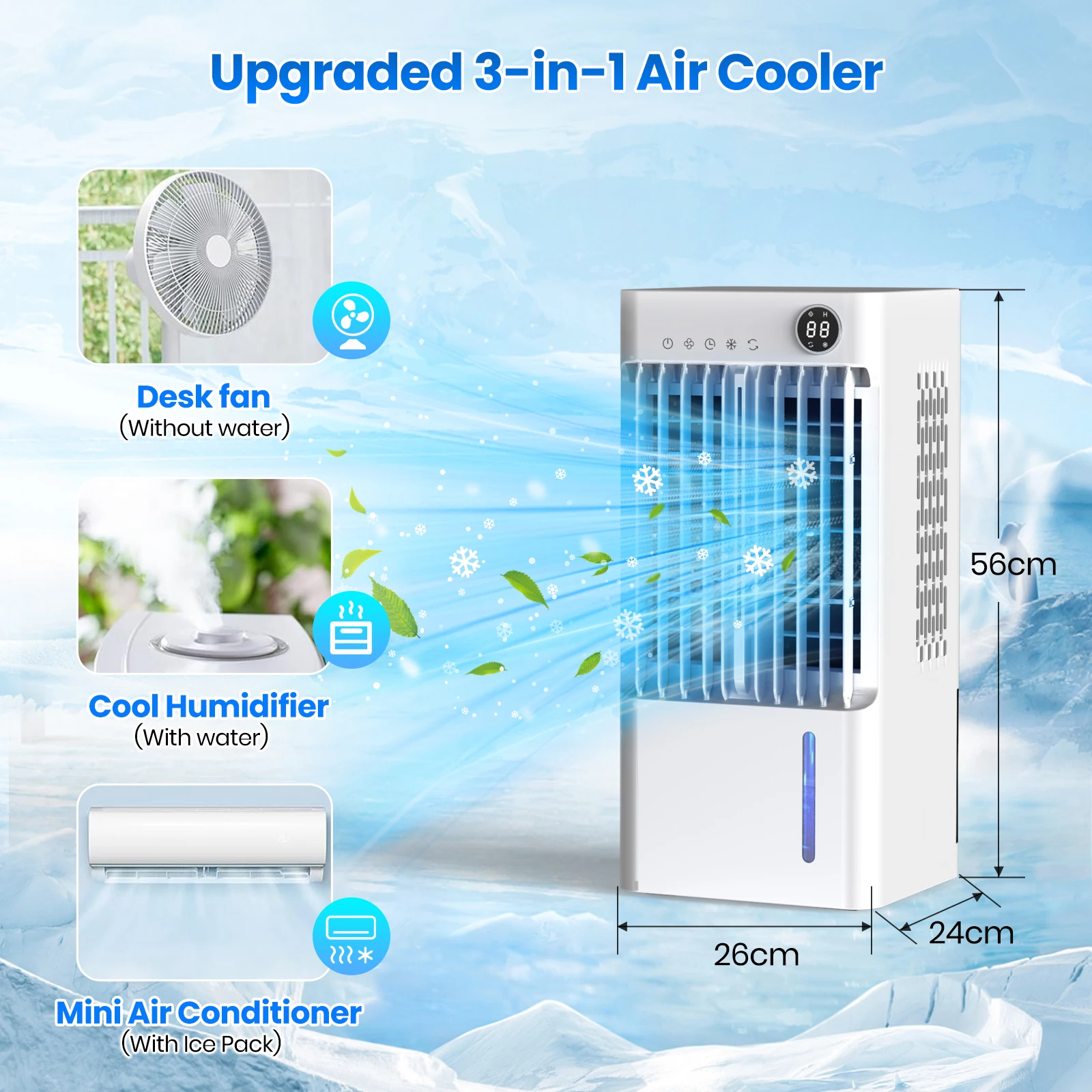 Stand Air Cooler With Large LED Display, 3-Wind Speed&2-Mist Setting Mini  Ac Unit, Small Air Coolers for Home With Timer Cool
