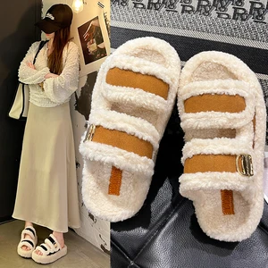 Women's Open Toe Fuzzy Fluffy One Line Buckle Slippers Plush Lamb Hair Slippers