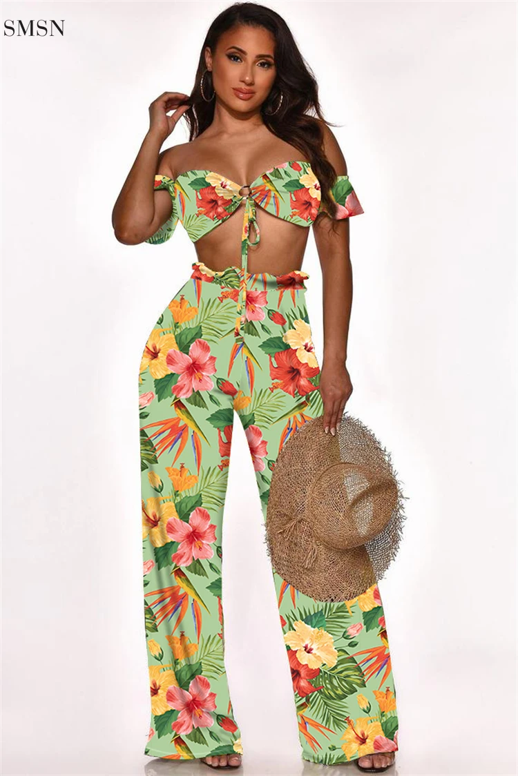 Amazon 2021 Sexy Boho Printing Chest Wrap Two Piece Outfits Set Two Piece Pants Set Two Piece Set