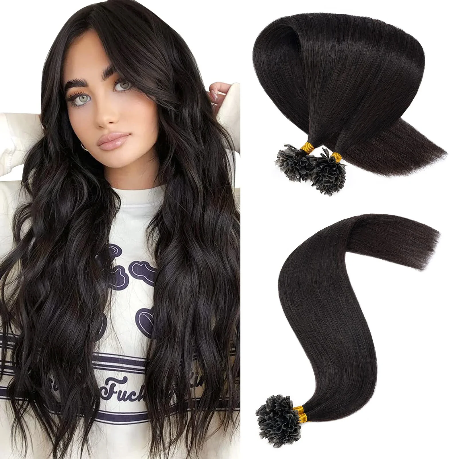 Extensiones de cabello humano con punta en U, preadheridas, queratina, 100 hebras, 16-26 pulgadas_voghion.com