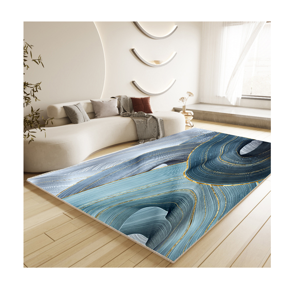 Blue Abstract Designer Rug Soft And Foldable Silk Rug Living Room Large