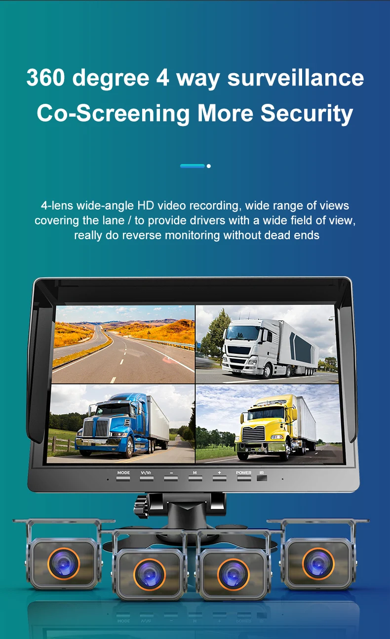 10.1 Inch 4CH Car Recorder IPS Screen Monitor DVR Recording 1080P Backup Camera System Kit for Lorry Van Bus