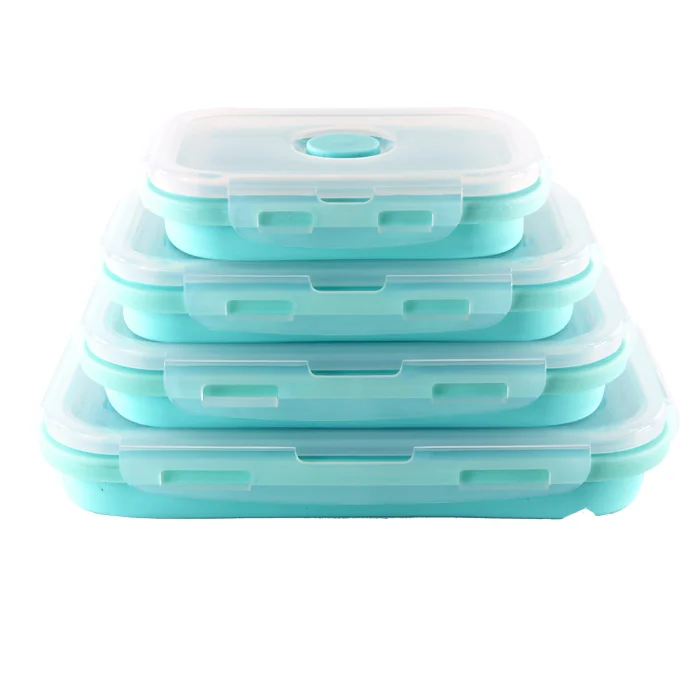 Large Reusable Foldable Collapsible Food Grade Silicone Bento Lunch Box With Clear Top Lid for Baby and Kids Storage