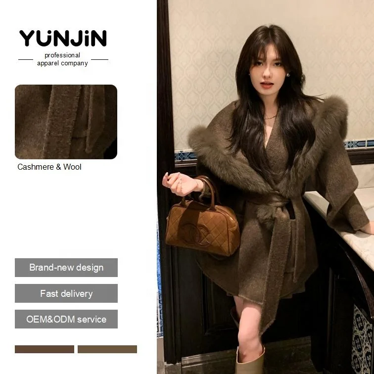 Logo Elegant Cashmere Coat Soft Belt Fluffy Real