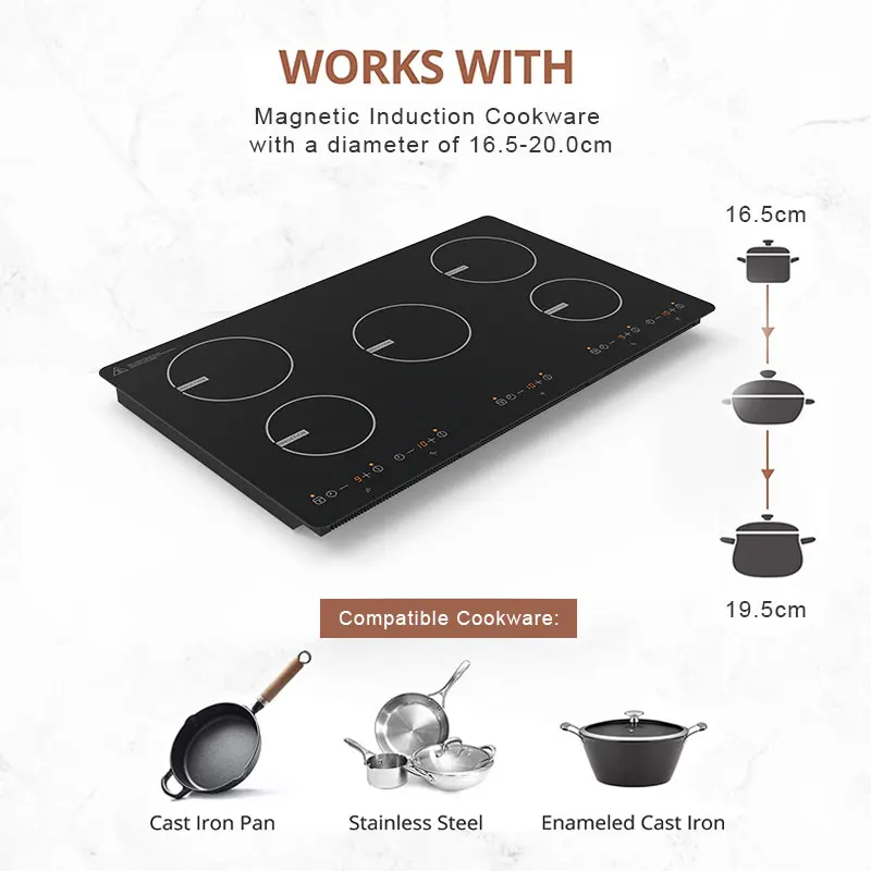 Aiting High Power Modern Design Copper Coil 220-240V 9400W Sensor Touch Control 5 Burners Induction Cooker