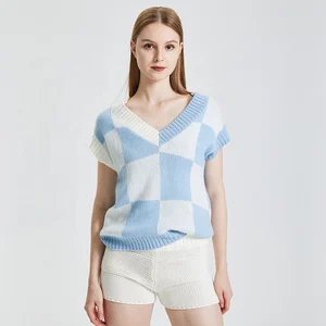 Custom 2026 Blue and White Knitted Top V-Neck Short Sleeves Loose Casual and Breathable Summer Top