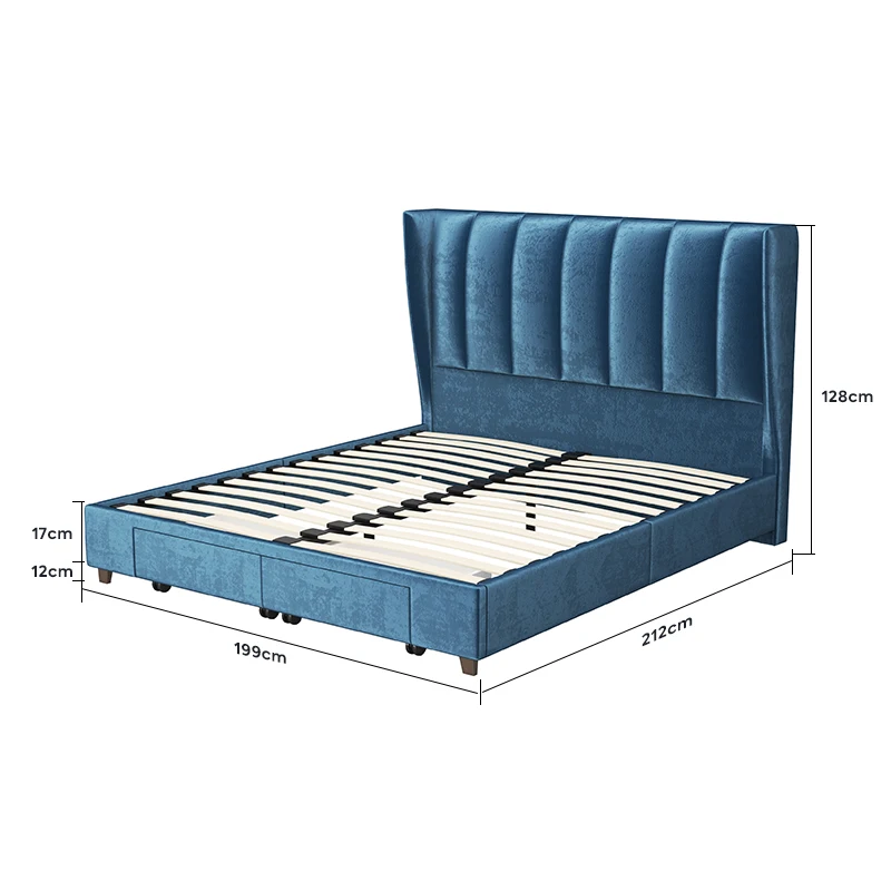 Modern Bed Frame Double Size with Storage Drawers Headboard Tufted Upholstered Lit Wooden Slats Support Mattress Foundation