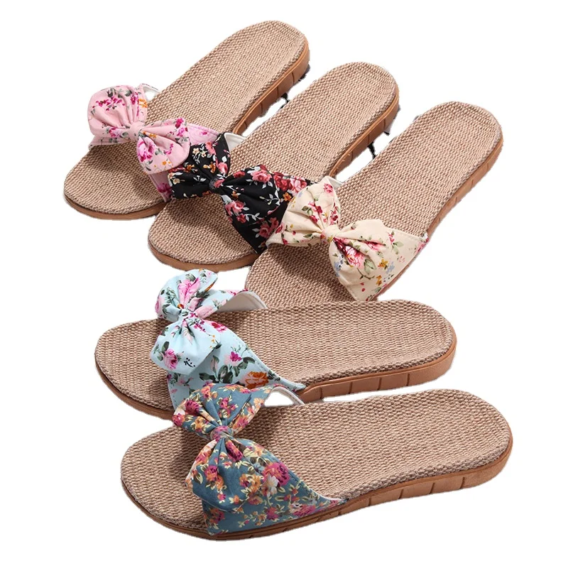 Japanische Indoor & Outdoor Gummi Komfortable Flache Damen-Slipper mit  Schleife, Bambus-Sandalen Leinen Boden-Slipper Jute-Hausschuhe