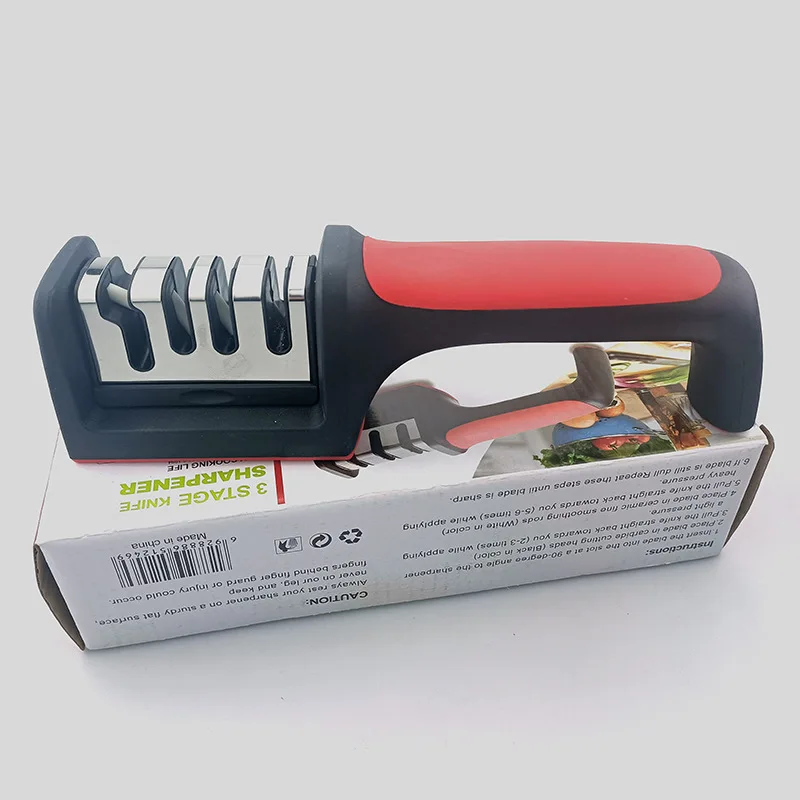 Stainless Steel RED&BLACK 3 Slot Knife Sharpener, For kitchen