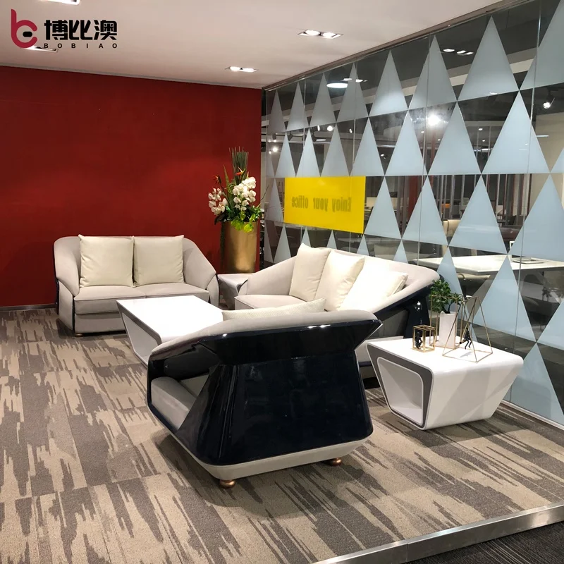 Executive Blue Gray Leather Meeting Room Reception Sofa Furniture 2020 Luxury Modern MDF Glossy Office Sofa