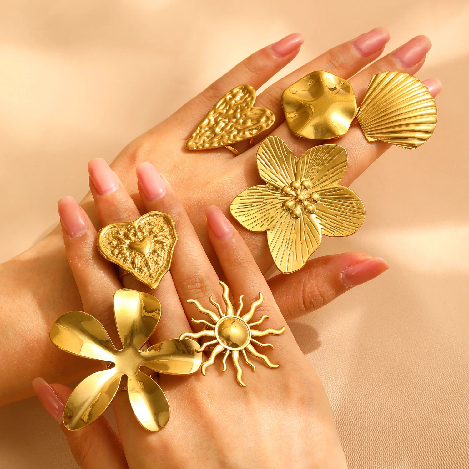 Stainless Steel Big Rings for Women Gold Lady Finger Jewelry Adjustable  Heart Shell Sun Flower Geometric Designs Rings